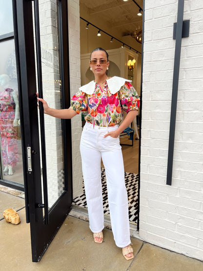 FLORAL PRINTED EMBROIDERED COLLAR TOP