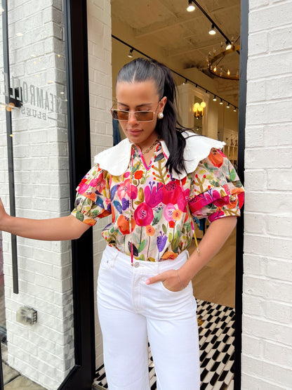 FLORAL PRINTED EMBROIDERED COLLAR TOP