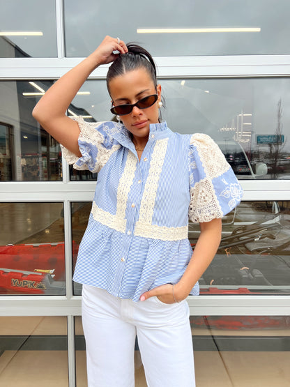 BLUE AND WHITE STRIPED LACE TOP