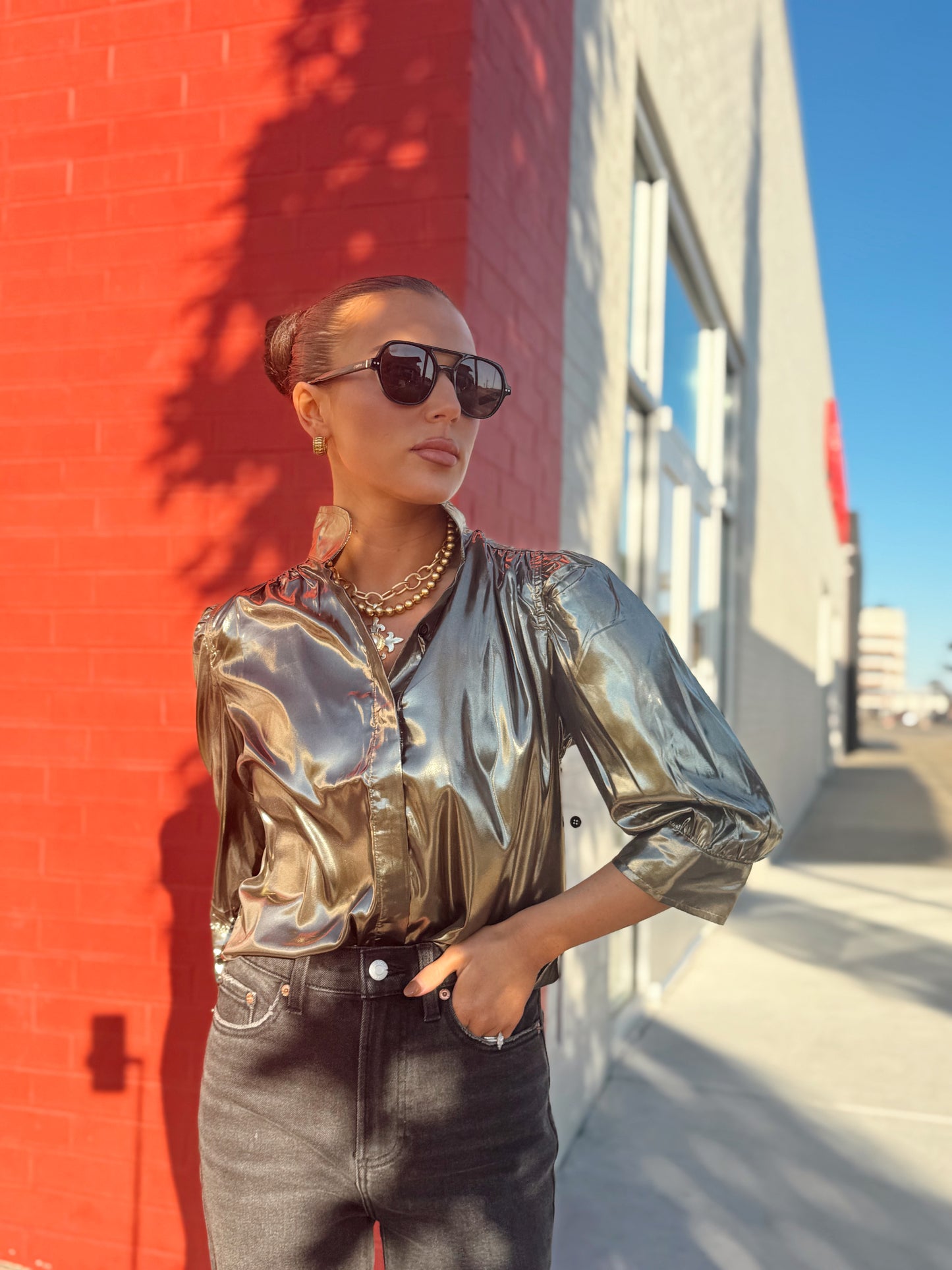 CATE RUCHED SLEEVE SILVER TOP