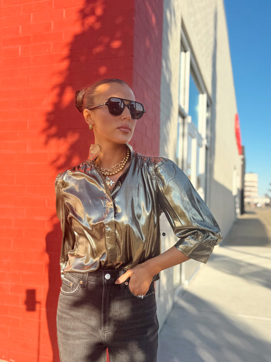 CATE RUCHED SLEEVE SILVER TOP