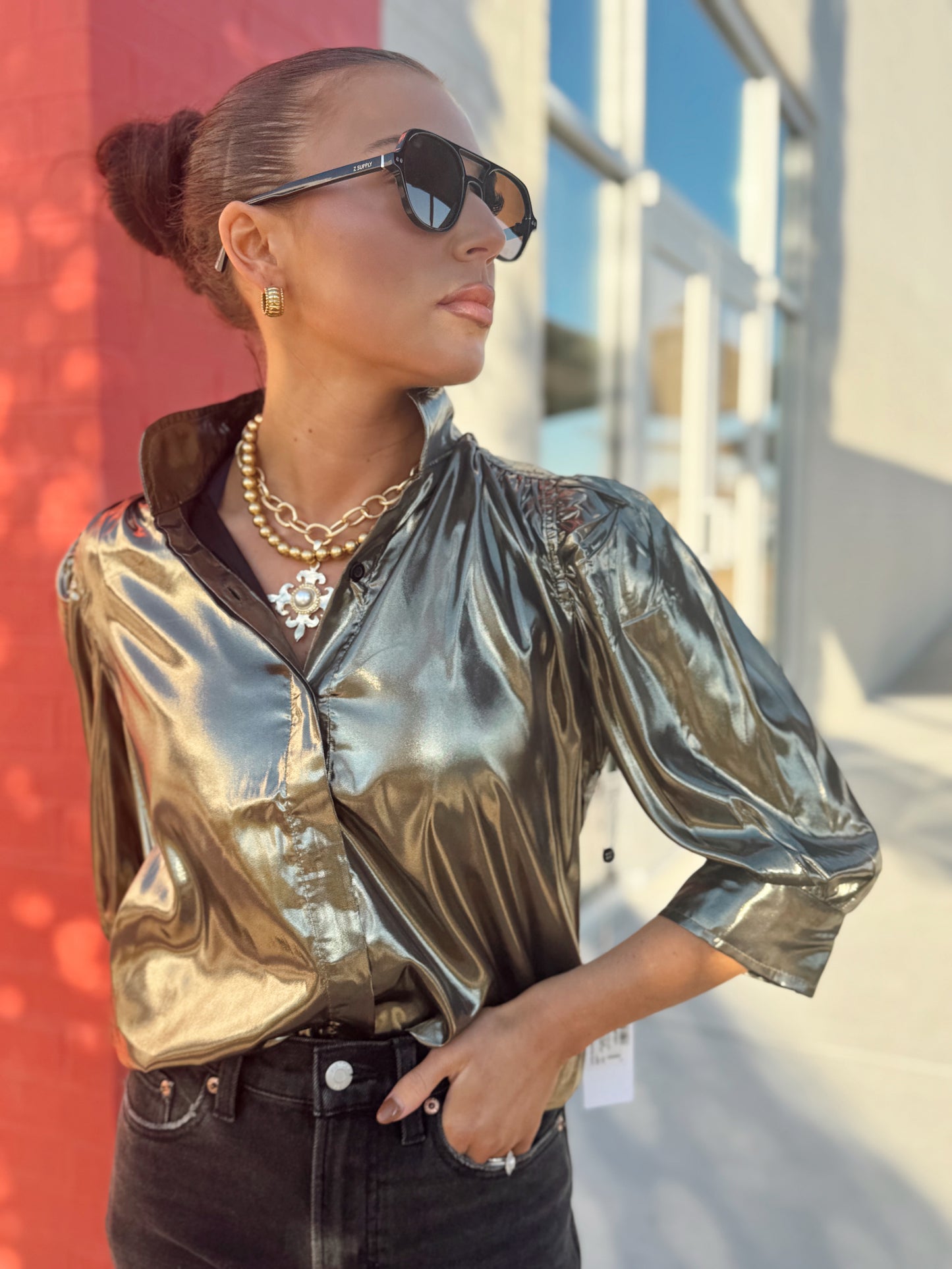 CATE RUCHED SLEEVE SILVER TOP