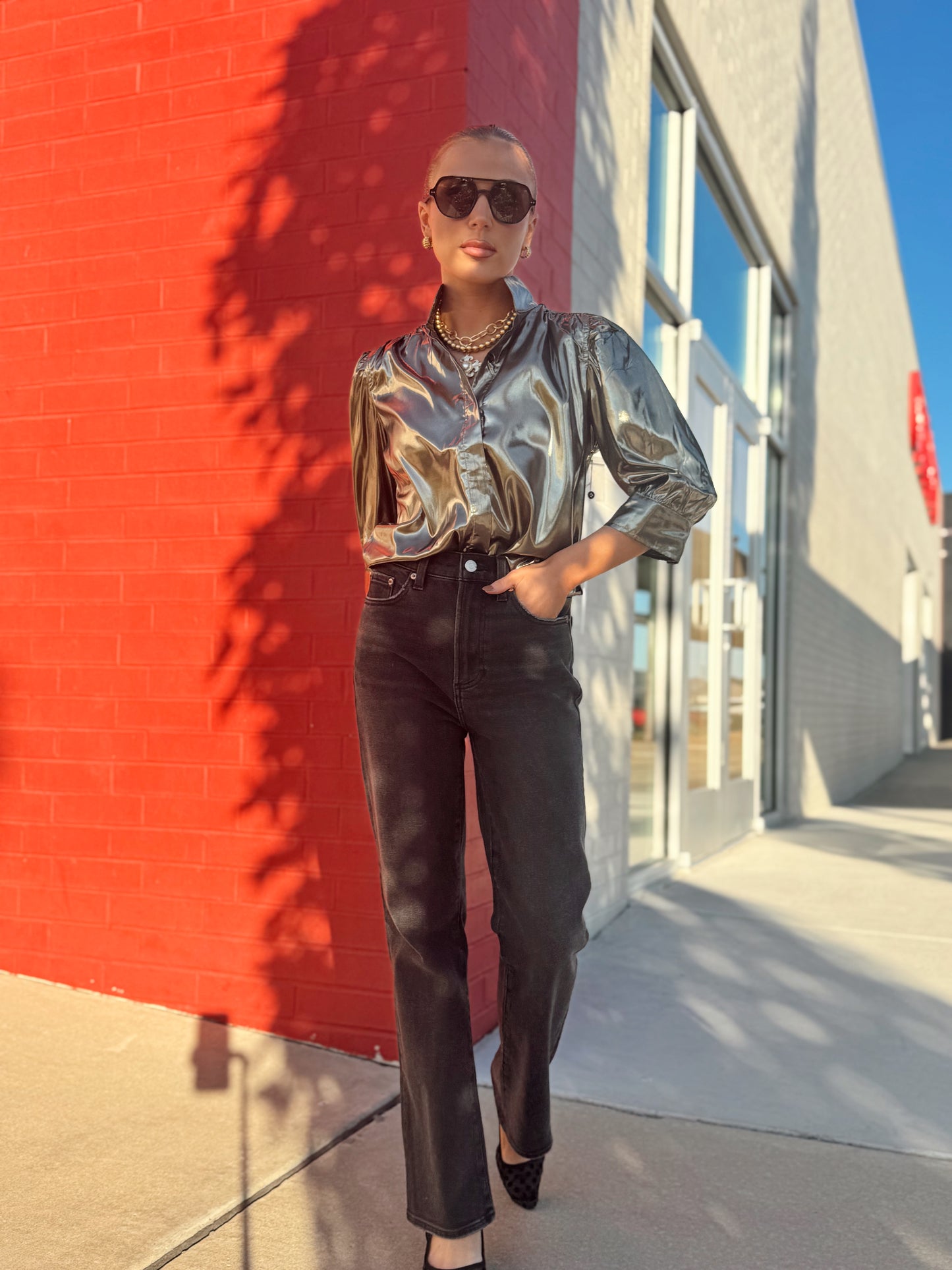 CATE RUCHED SLEEVE SILVER TOP