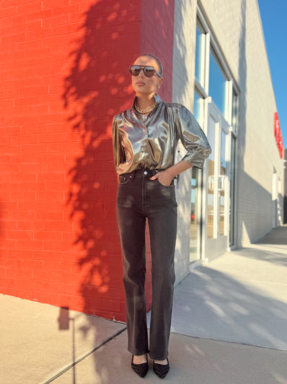 CATE RUCHED SLEEVE SILVER TOP