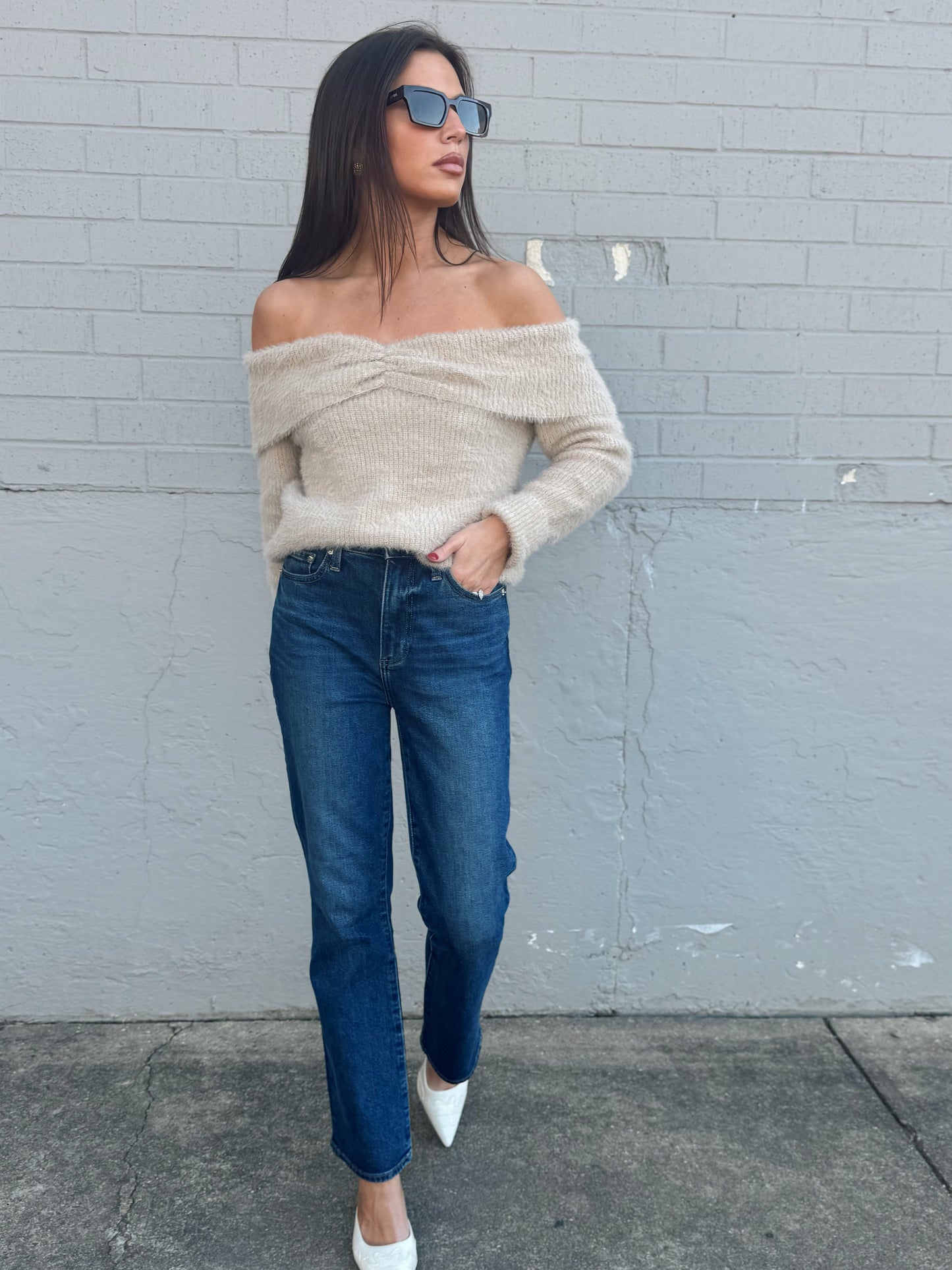 OFF SHOULDER FUR SWEATER