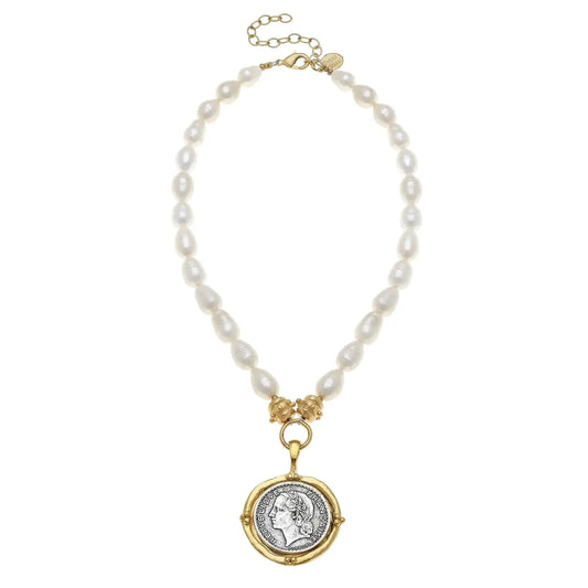 MIXED METAL ROMAN COIN PEARL NECKLACE
