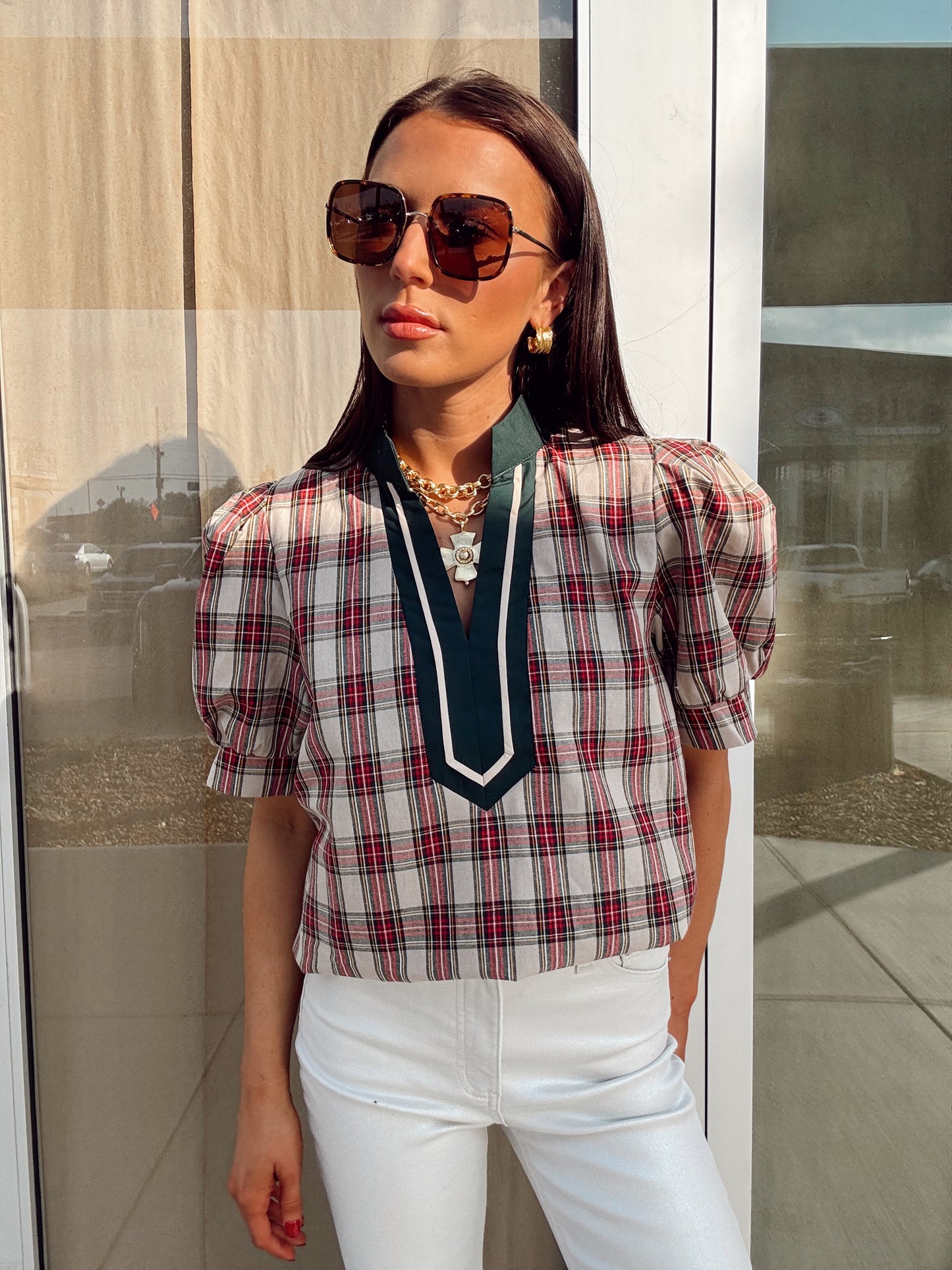 TAUPE PLAID CHRISTMAS BLOUSE