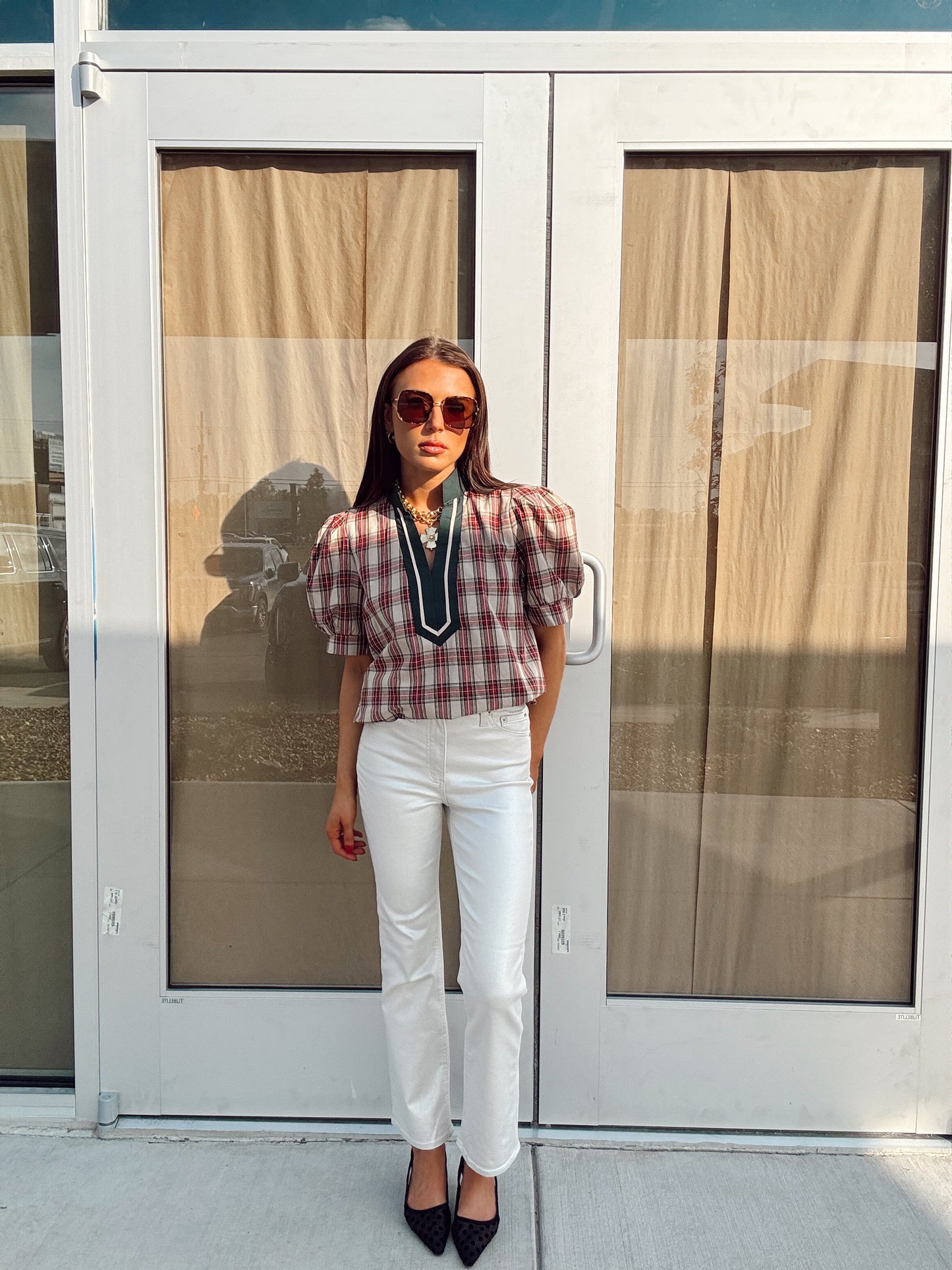 TAUPE PLAID CHRISTMAS BLOUSE