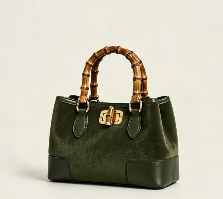 MICRO SUEDE BAG W/ BAMBOO HANDLES