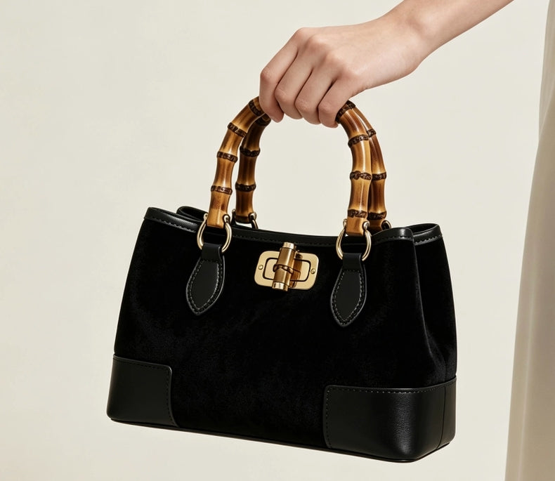 MICRO SUEDE BAG W/ BAMBOO HANDLES