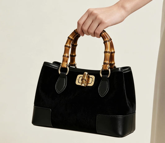 MICRO SUEDE BAG W/ BAMBOO HANDLES